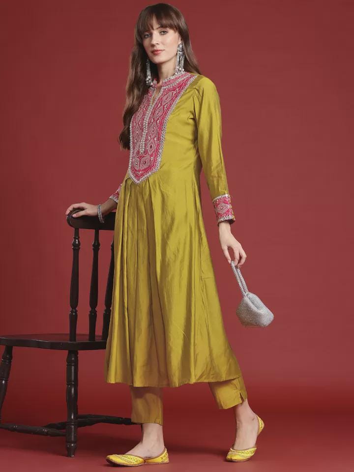 Olive Silk Blend Embroidered Kurta Set with Pink Yoke