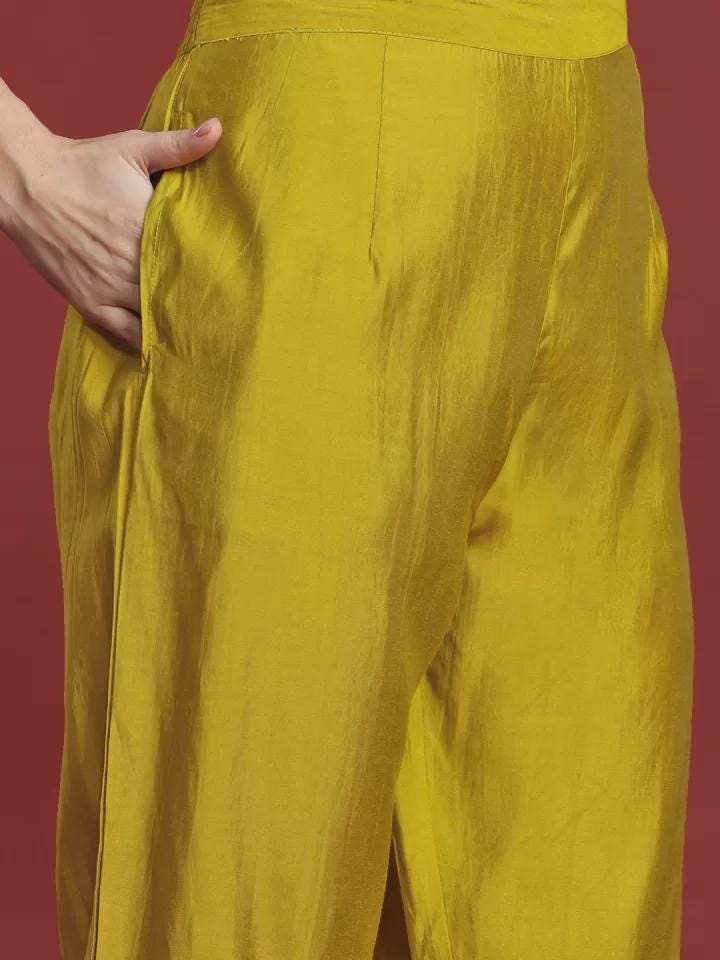 Olive Silk Blend Embroidered Kurta Set with Pink Yoke