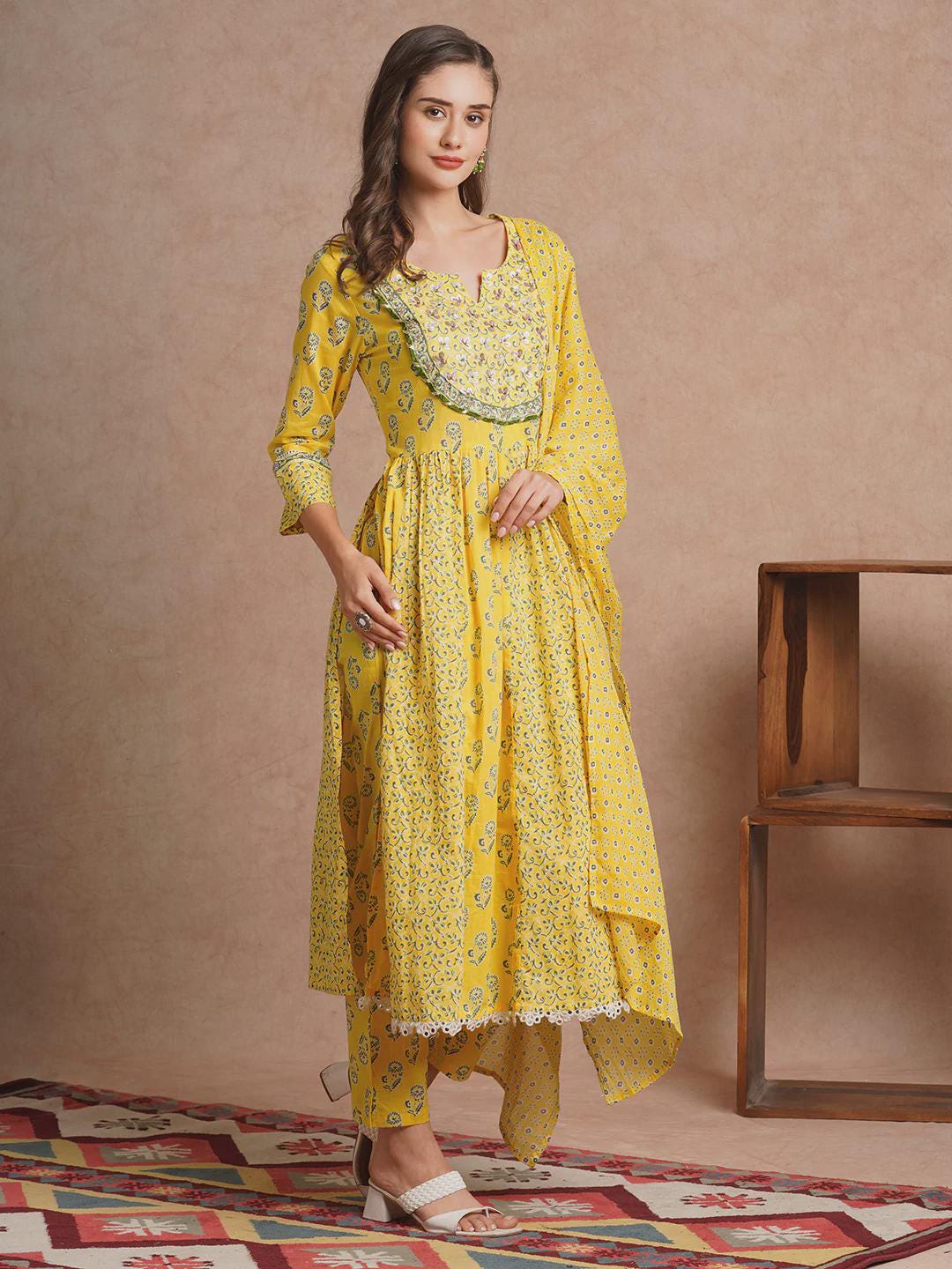 Yellow Floral Embroidered Anarkali Kurta Set: Ethnic Cotton Dress with Dupatta