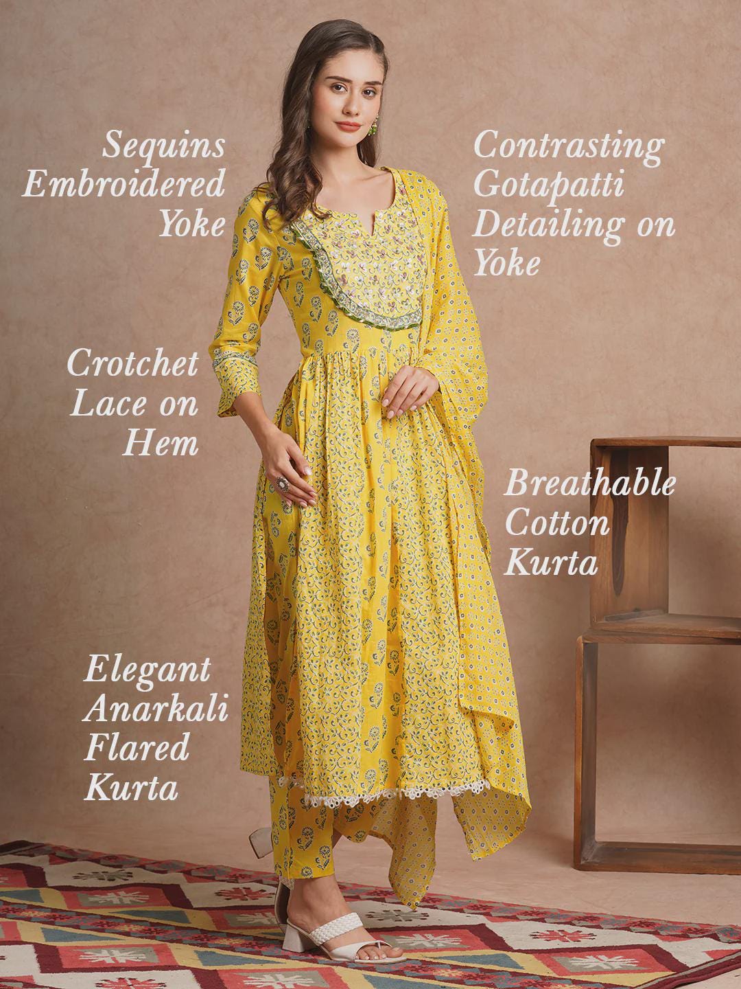 Yellow Floral Embroidered Anarkali Kurta Set: Ethnic Cotton Dress with Dupatta
