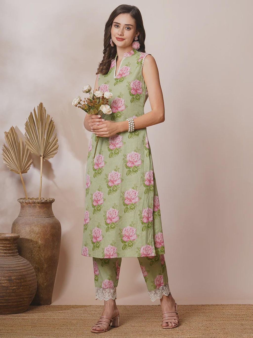 Floral Foil Printed & Hand Embroidered A-Line Co-ord Set - Green
