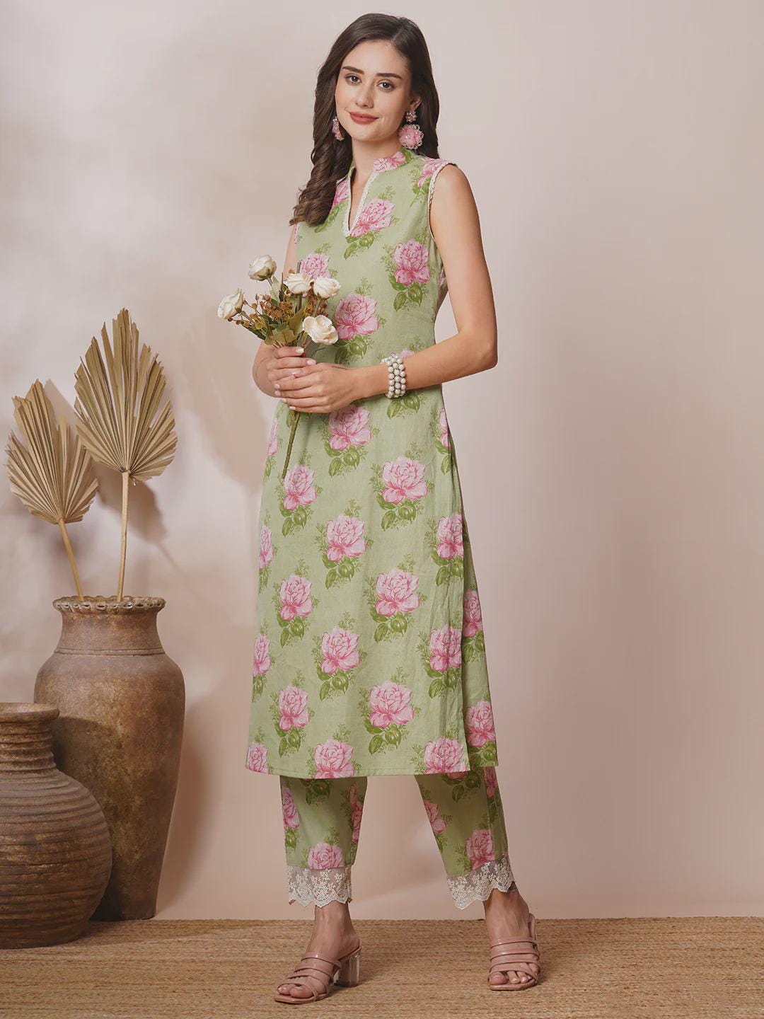 Floral Foil Printed & Hand Embroidered A-Line Co-ord Set - Green