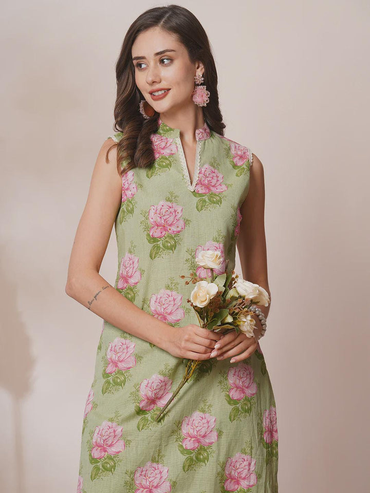 Floral Foil Printed & Hand Embroidered A-Line Co-ord Set - Green