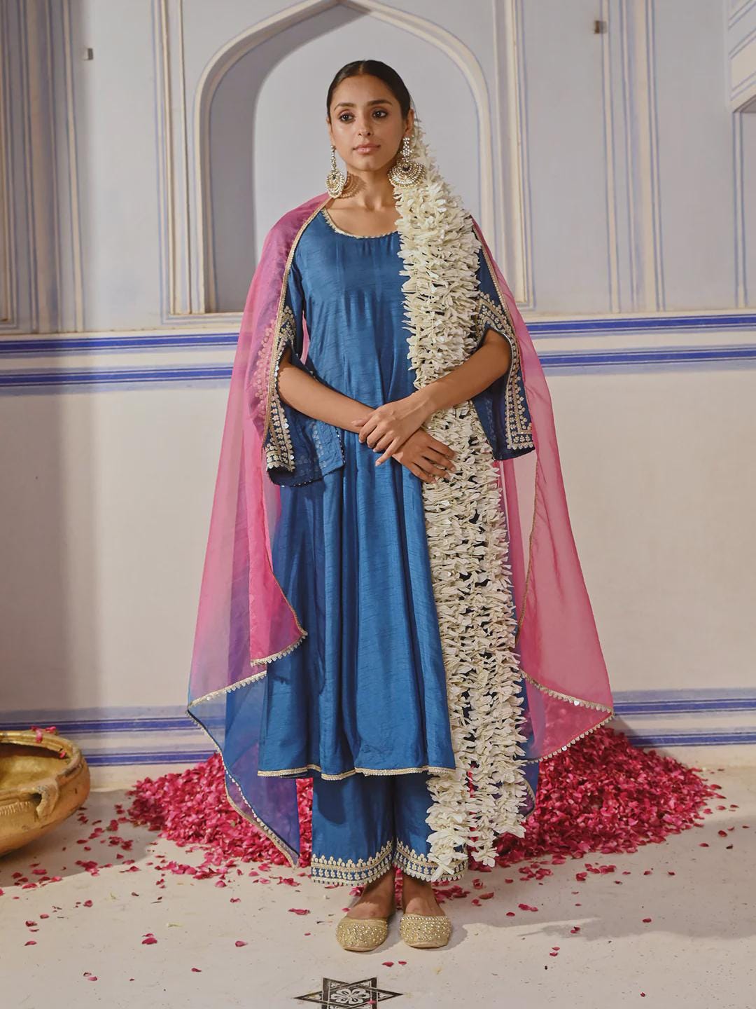 Dola Silk Ethnic Embroidered Anarkali Kurta with Palazzo & Ombre Dupatta - Blue