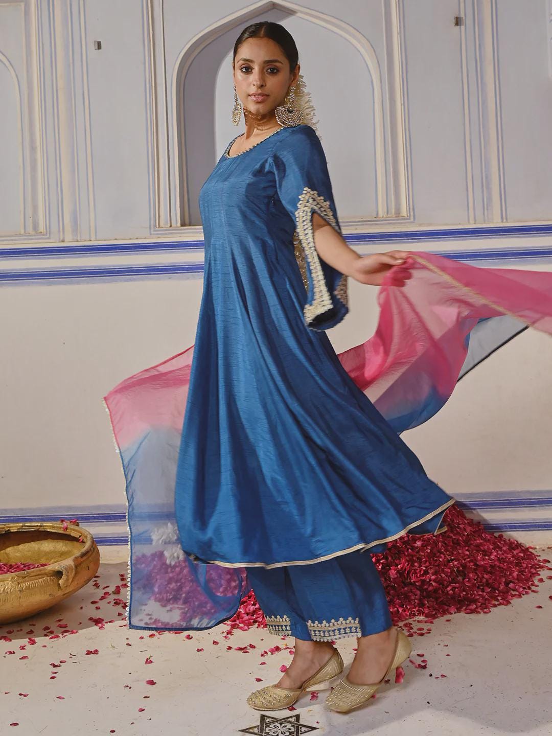 Dola Silk Ethnic Embroidered Anarkali Kurta with Palazzo & Ombre Dupatta - Blue