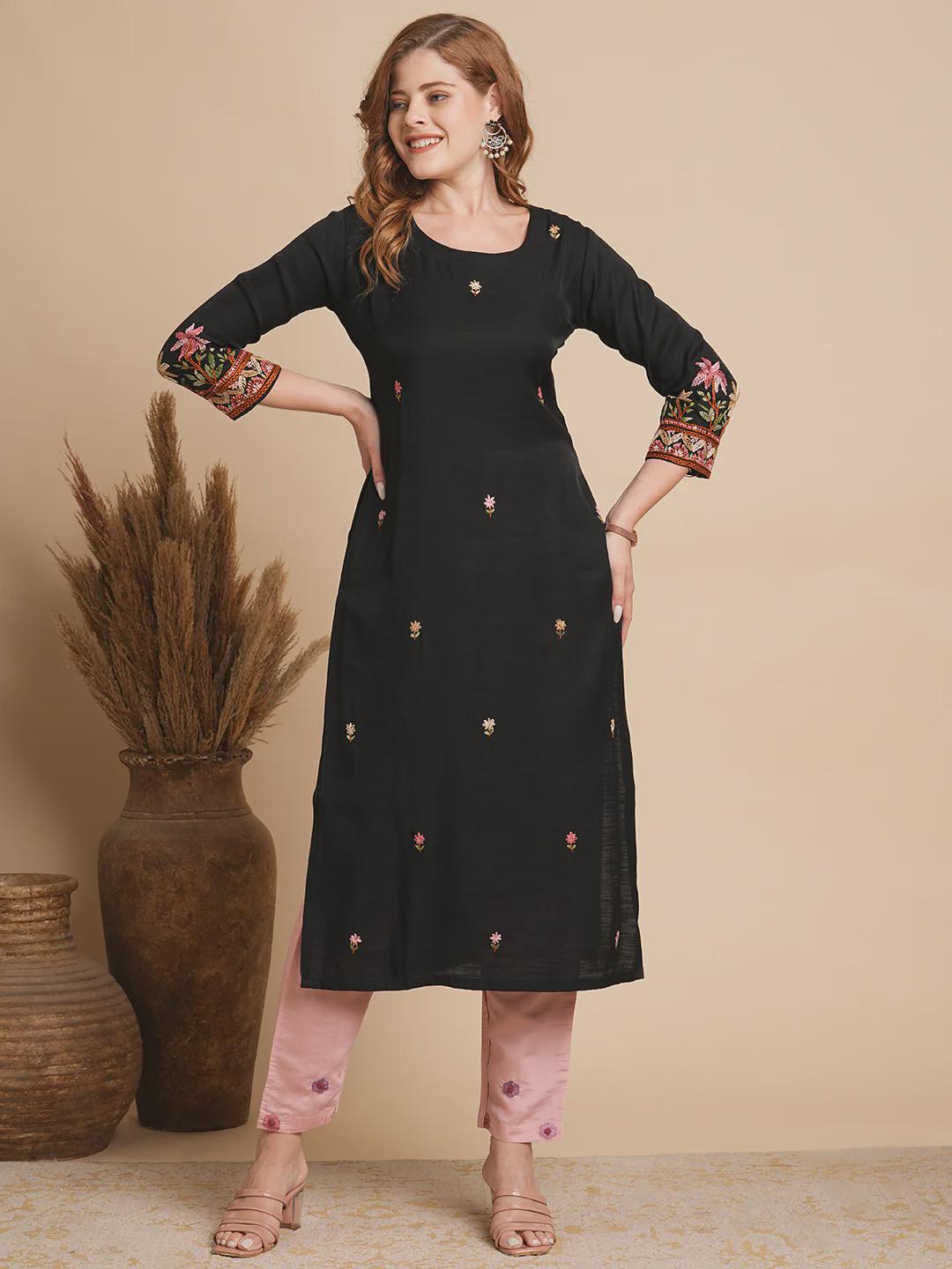 Floral Hand Embroidered Black Silk Blend Kurta