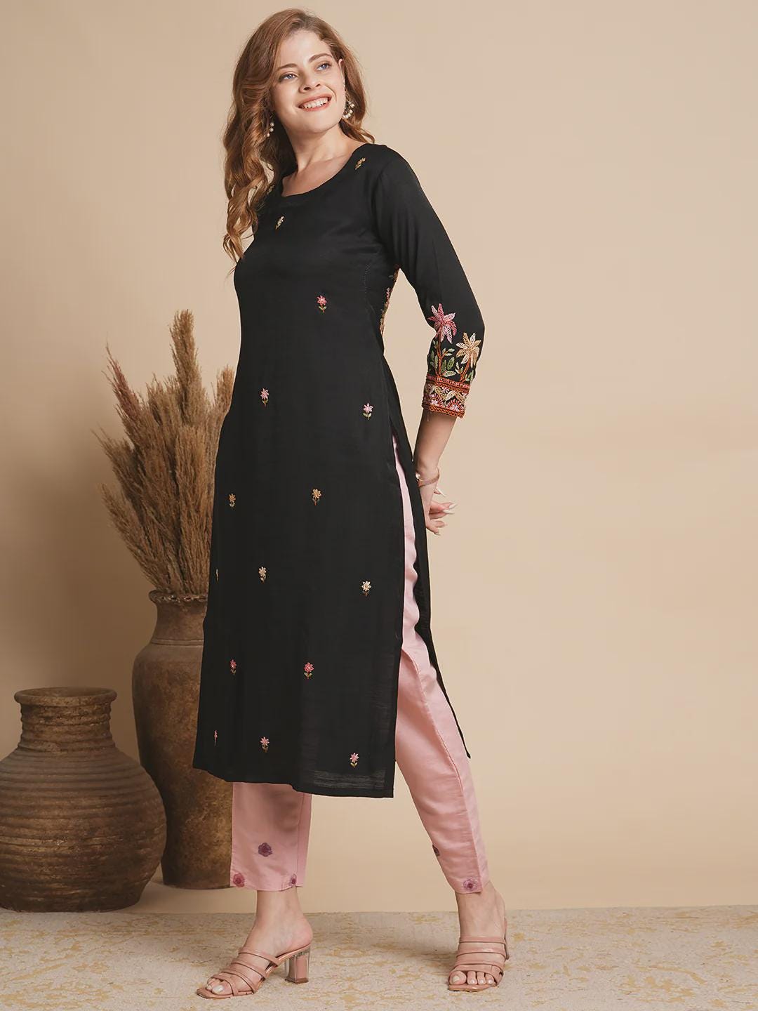 Floral Hand Embroidered Black Silk Blend Kurta