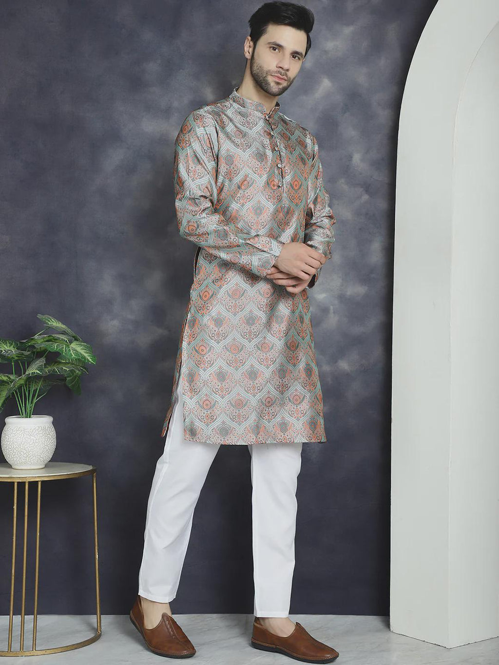 Silver and Rust Jacquard Brocade Kurta Set for Men