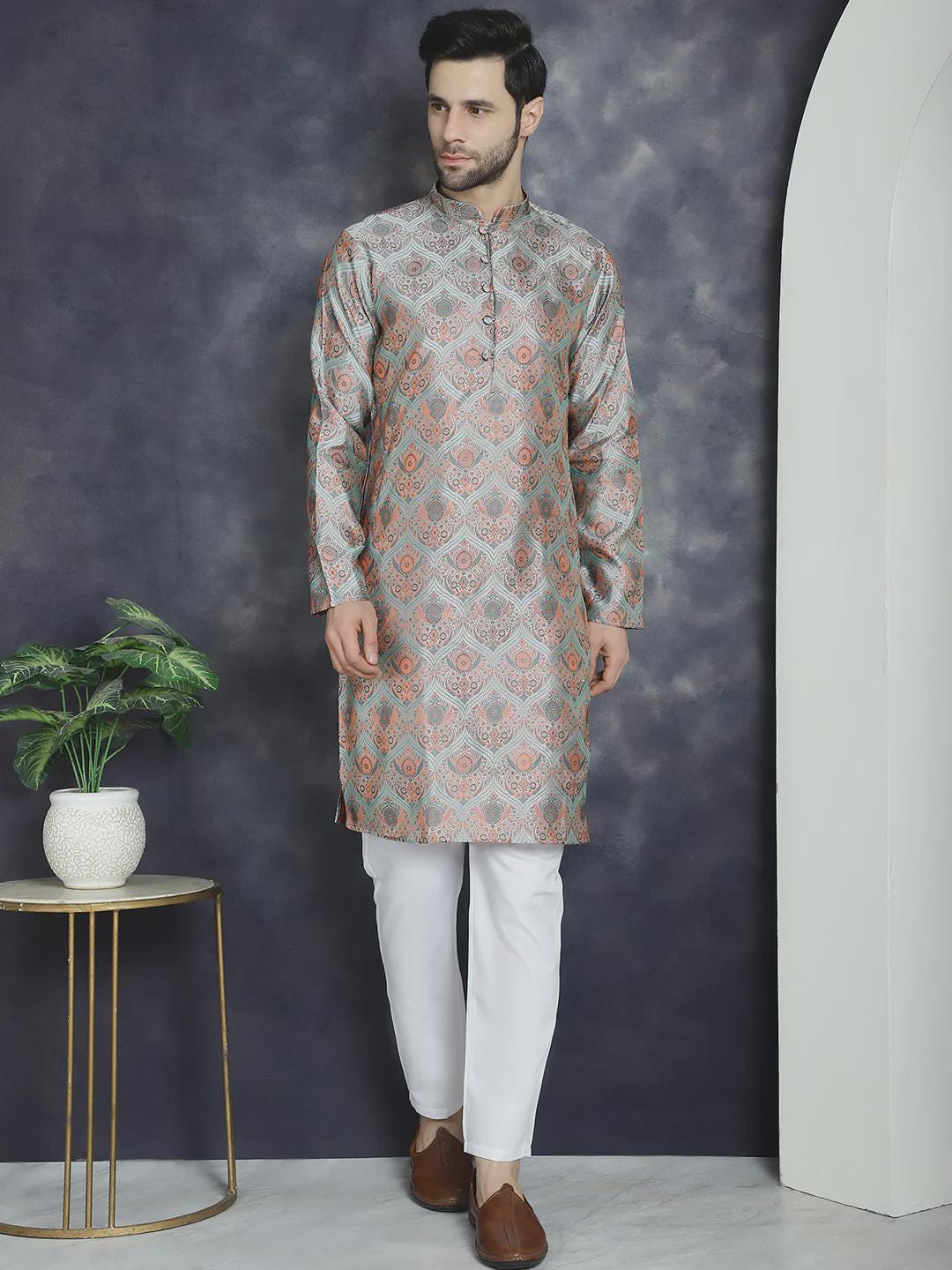 Silver and Rust Jacquard Brocade Kurta Set for Men