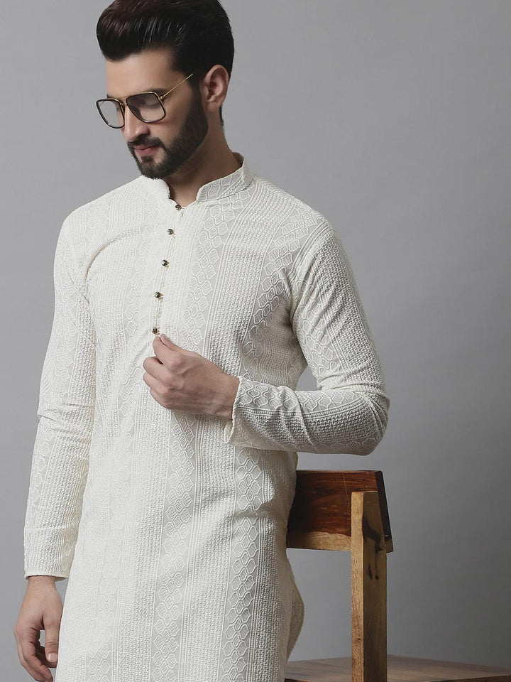 Men's Off White Kurta Set: Textured Cotton Blend, Cream Churidar