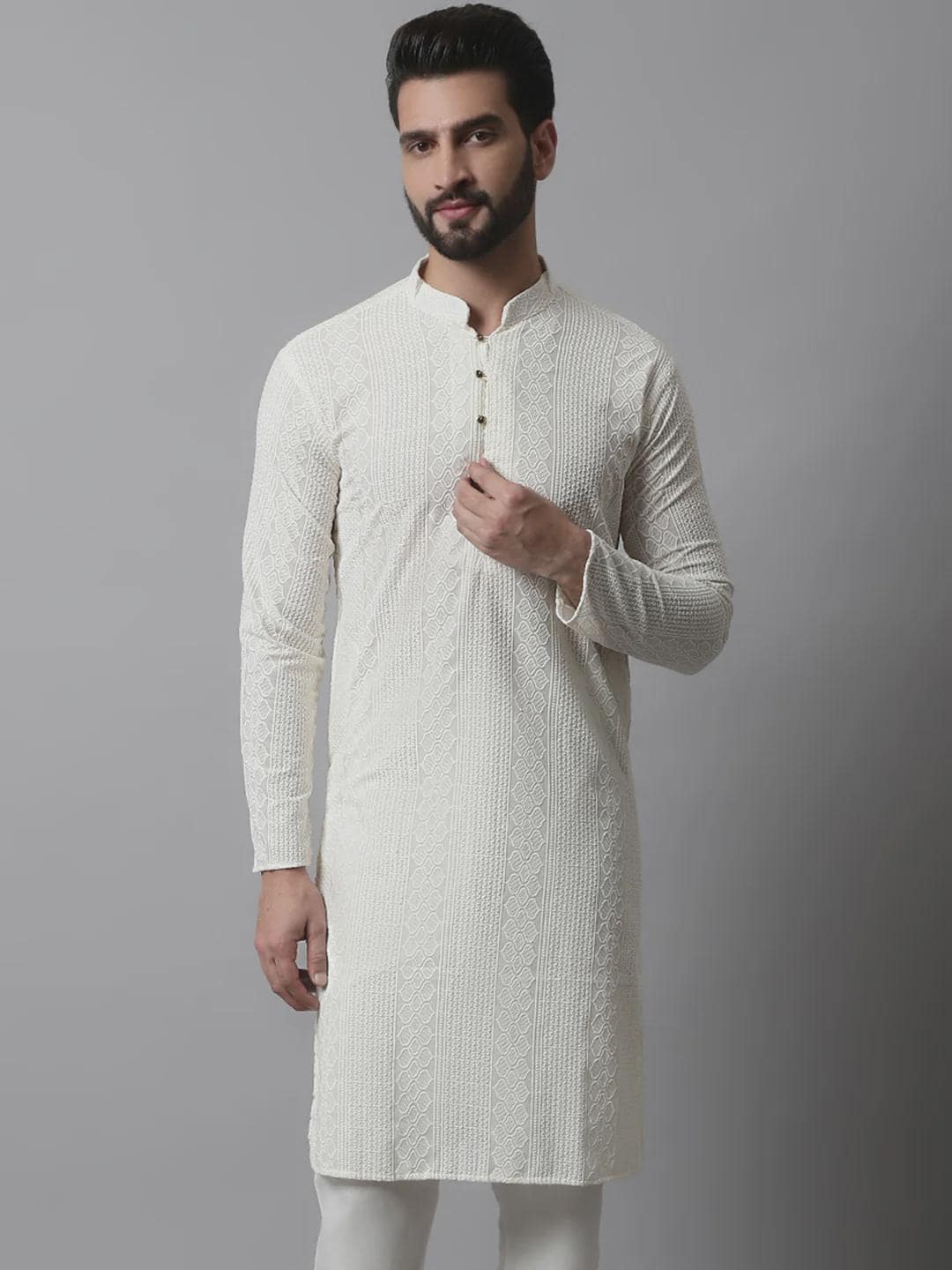 Men's Off White Kurta Set: Textured Cotton Blend, Cream Churidar