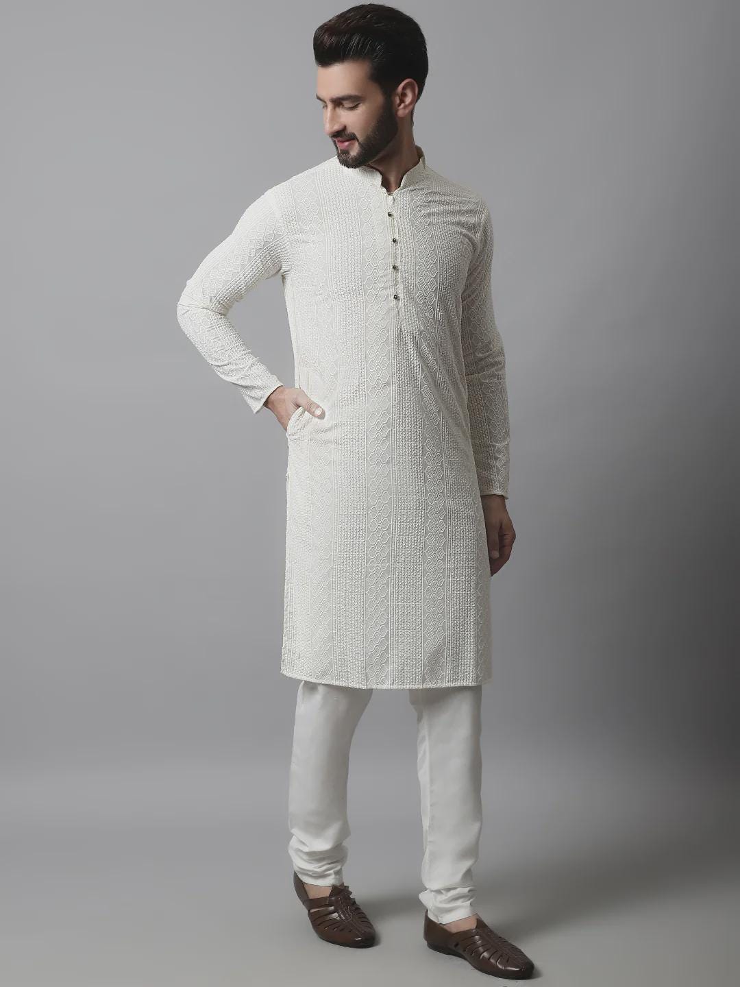 Men's Off White Kurta Set: Textured Cotton Blend, Cream Churidar