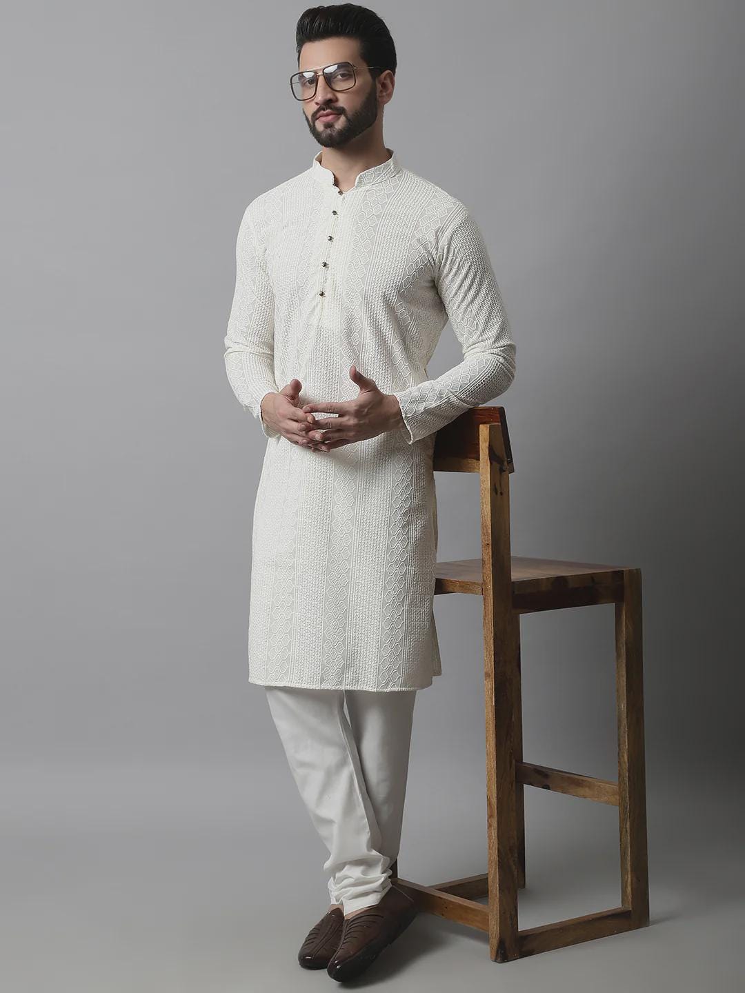 Men's Off White Kurta Set: Textured Cotton Blend, Cream Churidar
