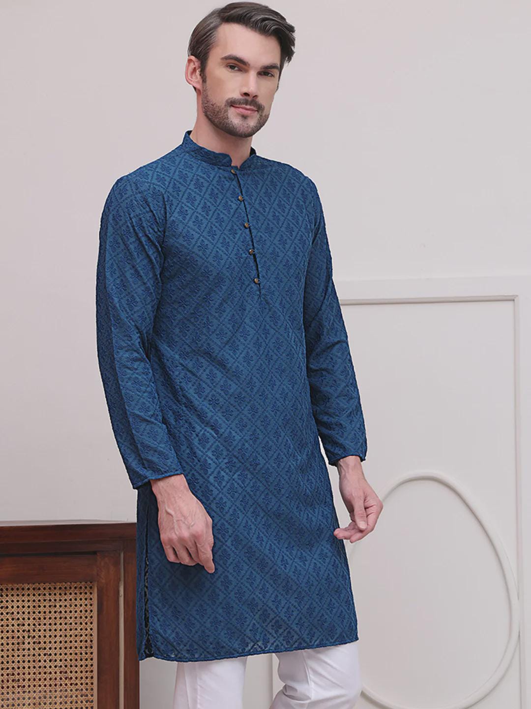 Men's Teal Blue Woven Kurta Set: Ethnic Jacquard Cotton Blend