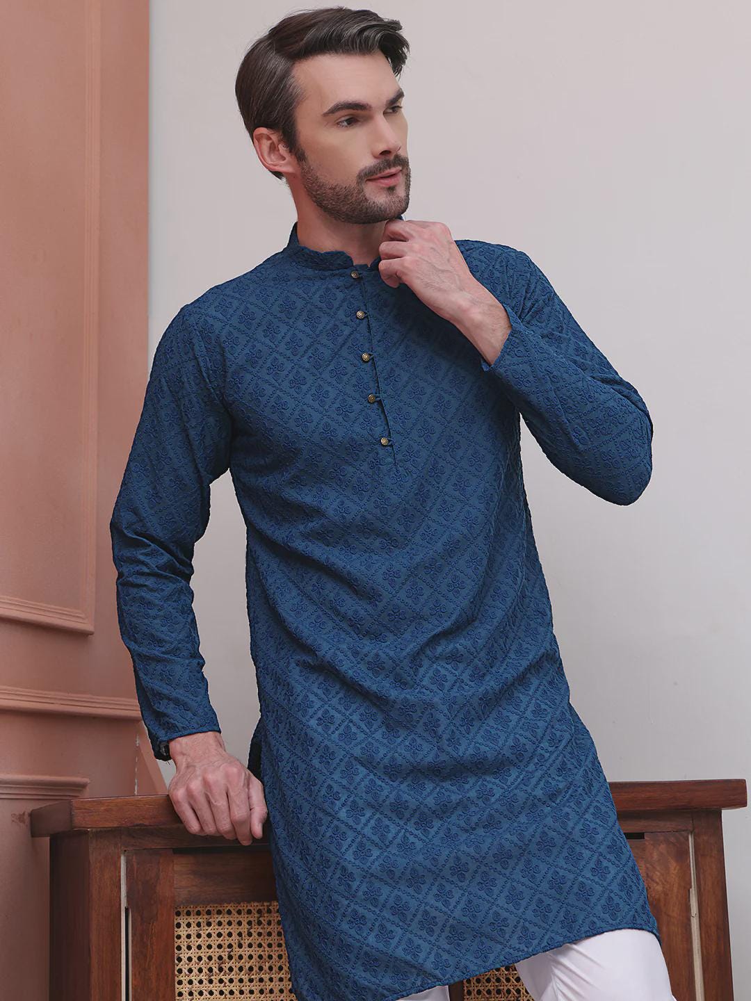 Men's Teal Blue Woven Kurta Set: Ethnic Jacquard Cotton Blend