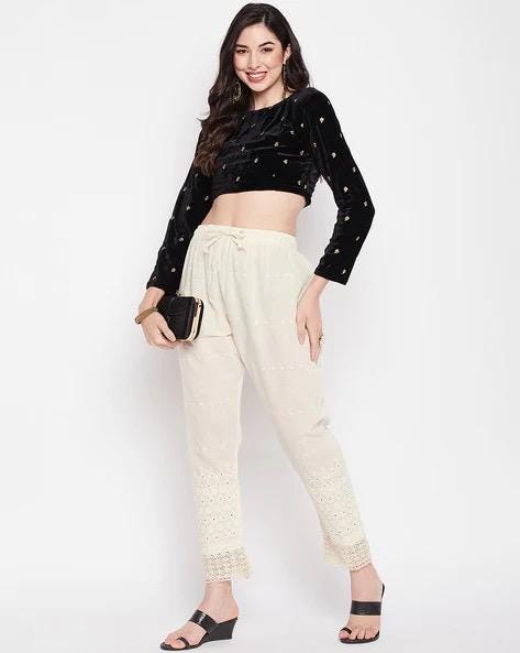 Embroidered Beige Palazzos