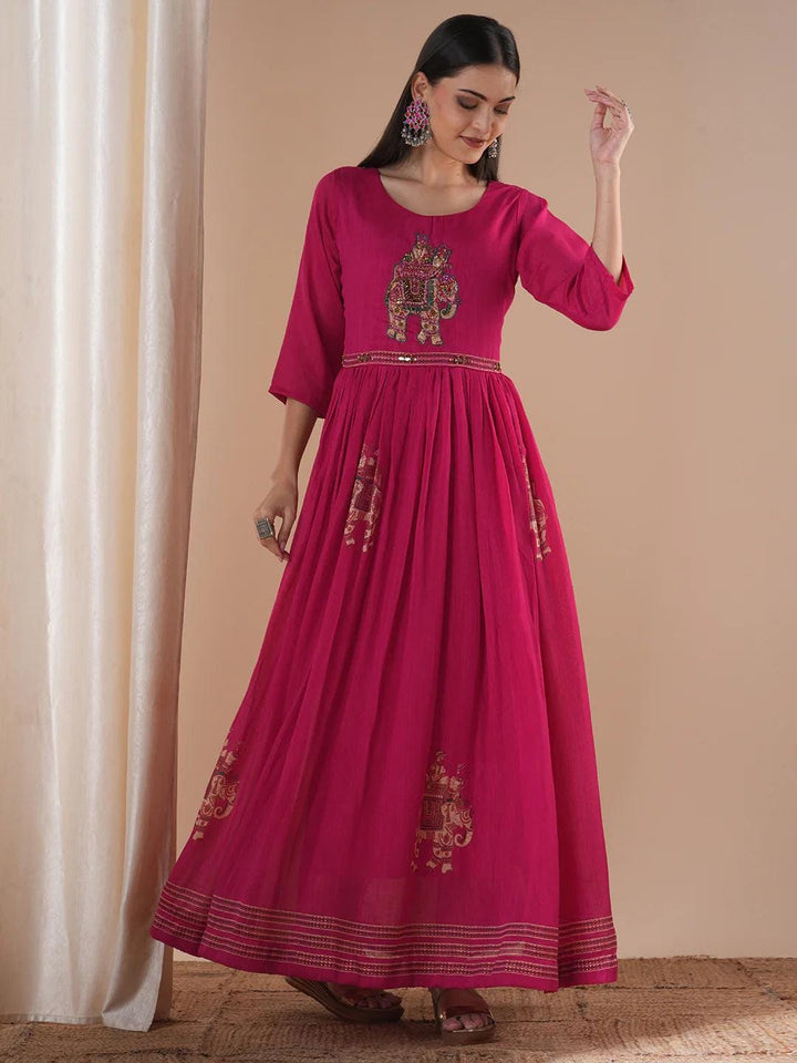 Elephant Foil Printed and  Hand Embroidered A-Line Pleated Fit and  Flare Maxi Dress - Pink