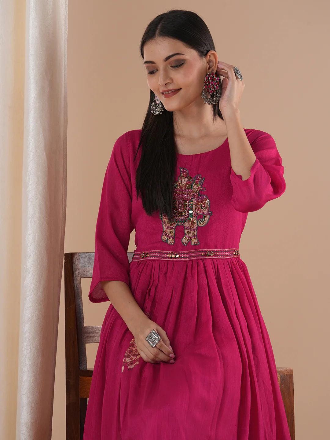 Elephant Foil Printed and  Hand Embroidered A-Line Pleated Fit and  Flare Maxi Dress - Pink