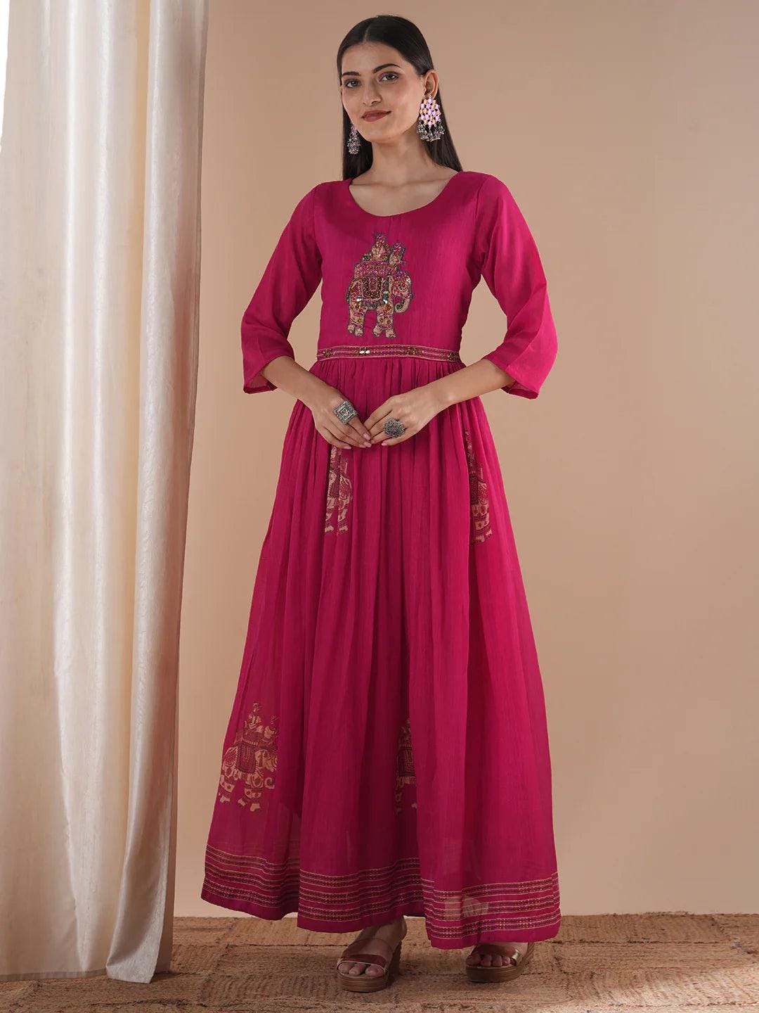 Elephant Foil Printed and  Hand Embroidered A-Line Pleated Fit and  Flare Maxi Dress - Pink