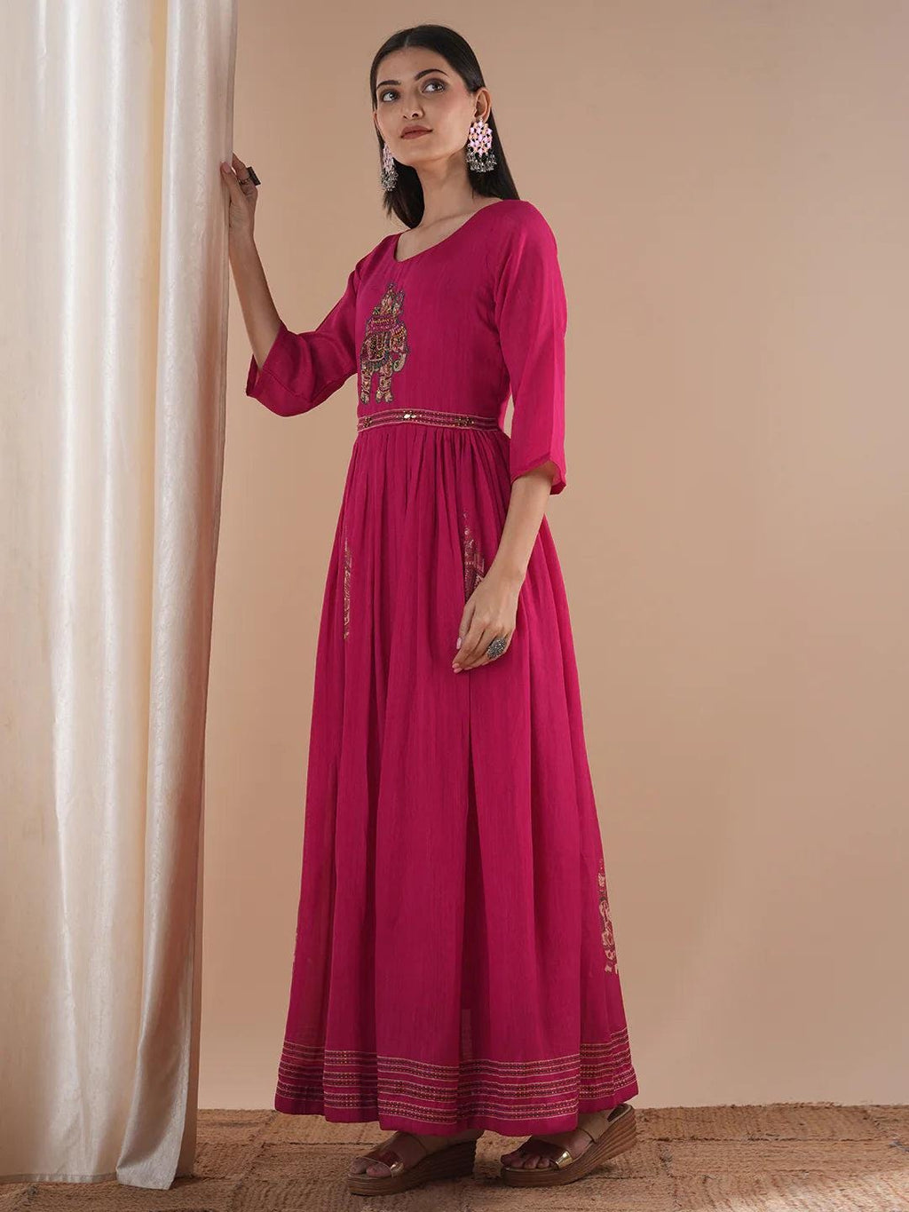 Elephant Foil Printed and  Hand Embroidered A-Line Pleated Fit and  Flare Maxi Dress - Pink