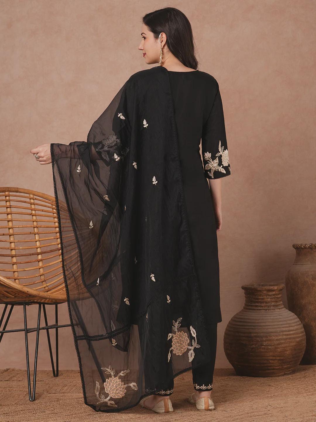 Black Floral Embroidered Straight Fit Kurta Set