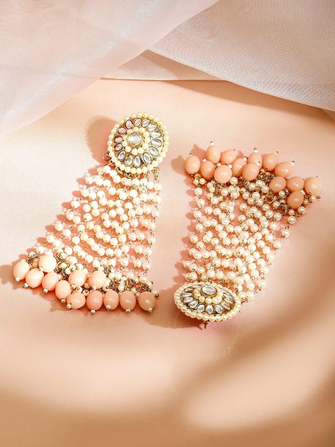18K Gold-Plated Long Kundan & Pearl Earrings