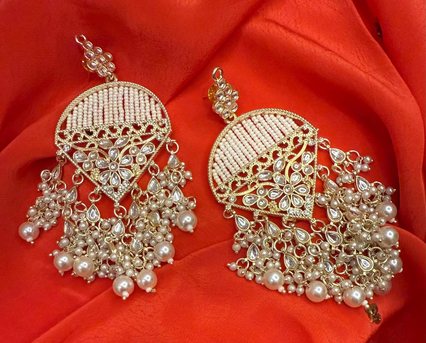 Kundan Dome Dangler Earrings with Off-White Pearl Beads