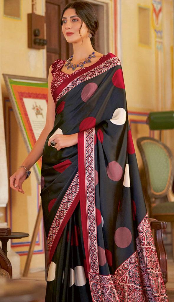 Ajrakh Printed Saree Black Satin Polka Dot Saree