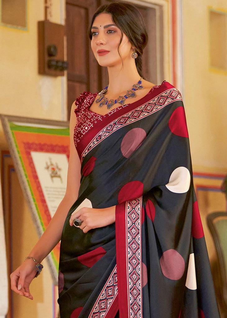 Ajrakh Printed Saree Black Satin Polka Dot Saree
