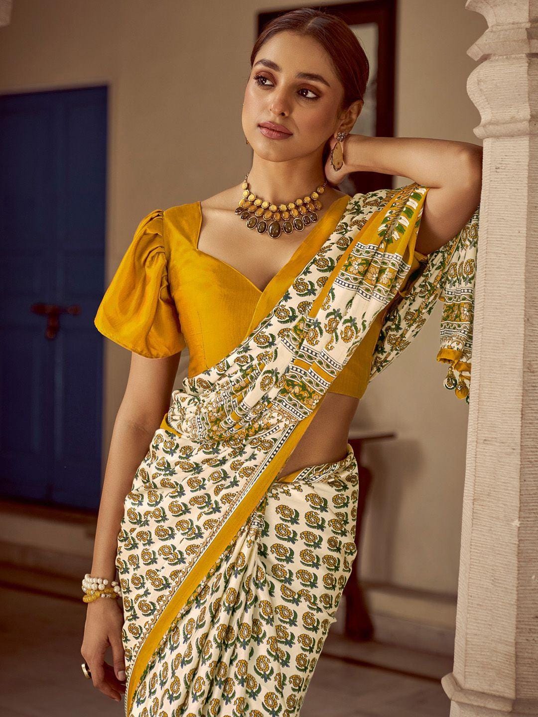 Mustard Ajrakh Printed Saree