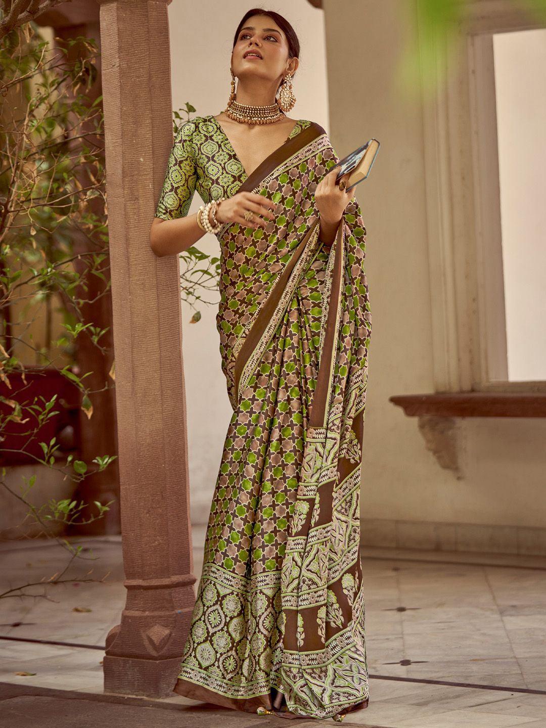 Green Printed Japan Satin Saree with Unstitched Blouse