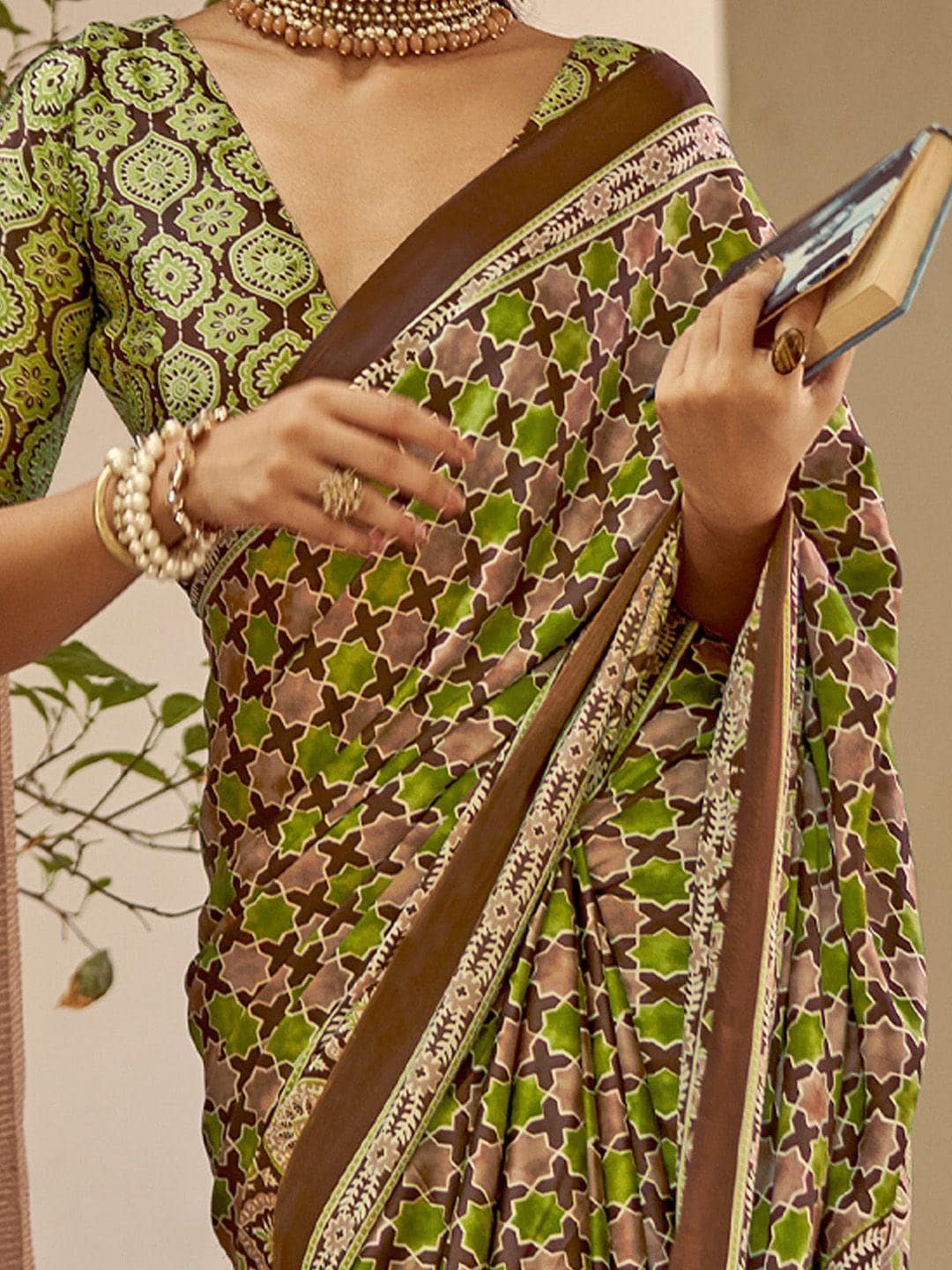 Green Printed Japan Satin Saree with Unstitched Blouse