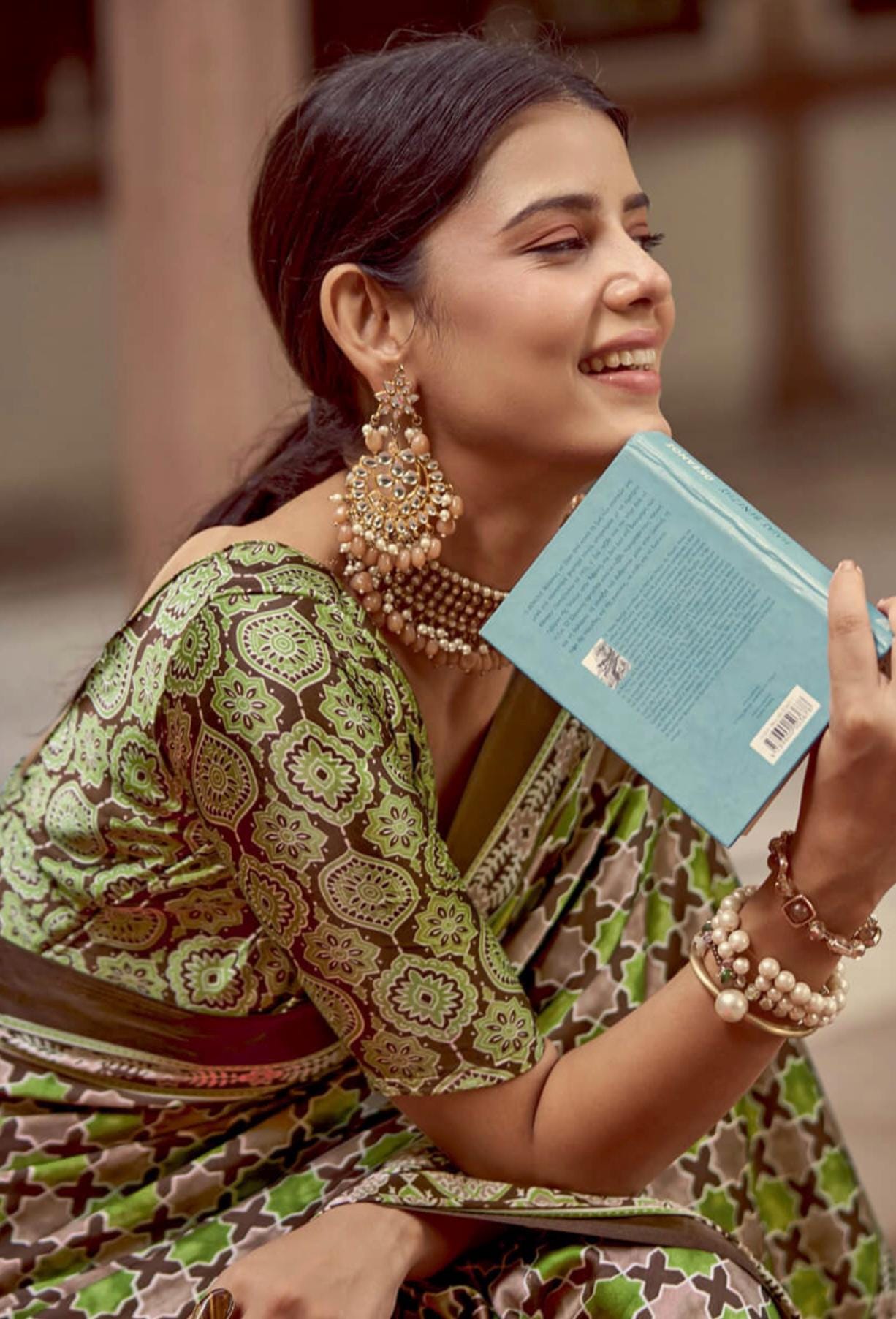 Green Printed Japan Satin Saree with Unstitched Blouse