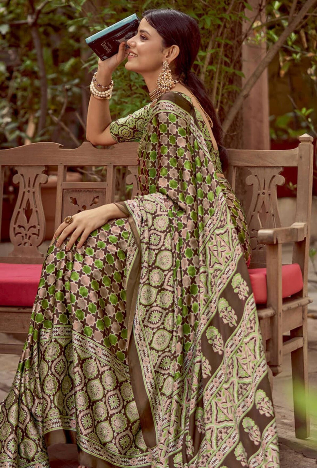 Green Printed Japan Satin Saree with Unstitched Blouse