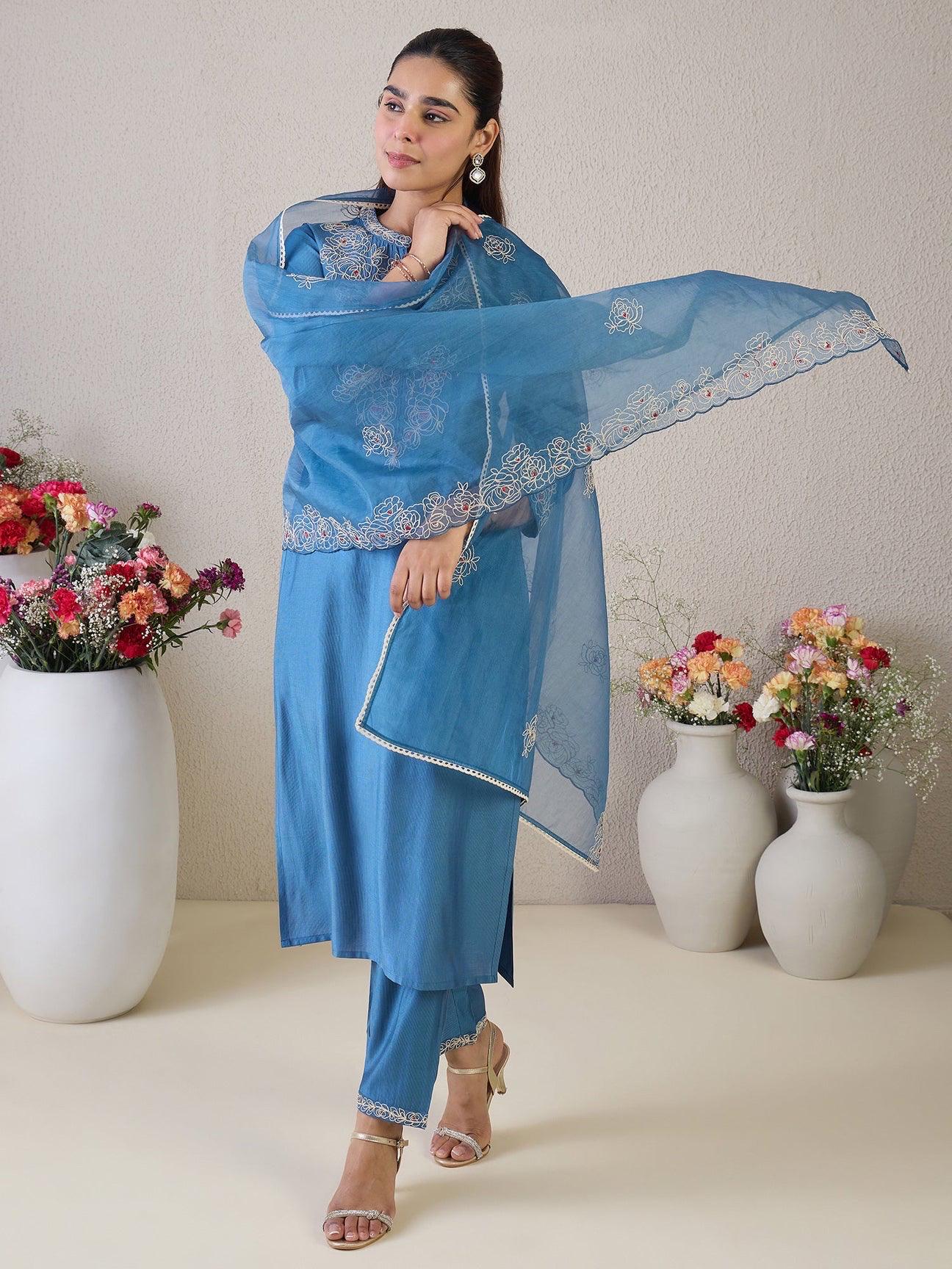 Blue Embroidered Straight Suit Set With Dupatta