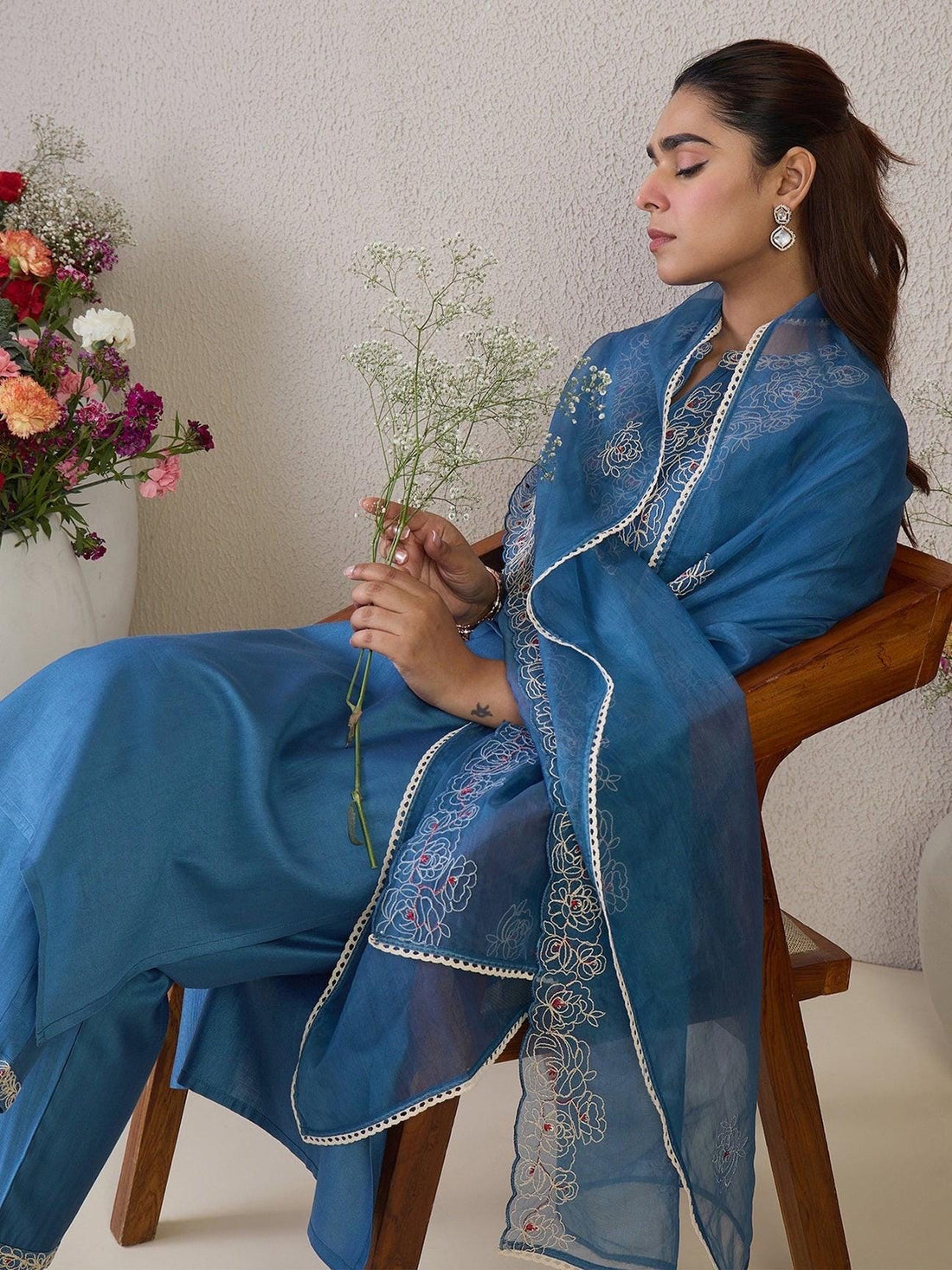 Blue Embroidered Straight Suit Set With Dupatta