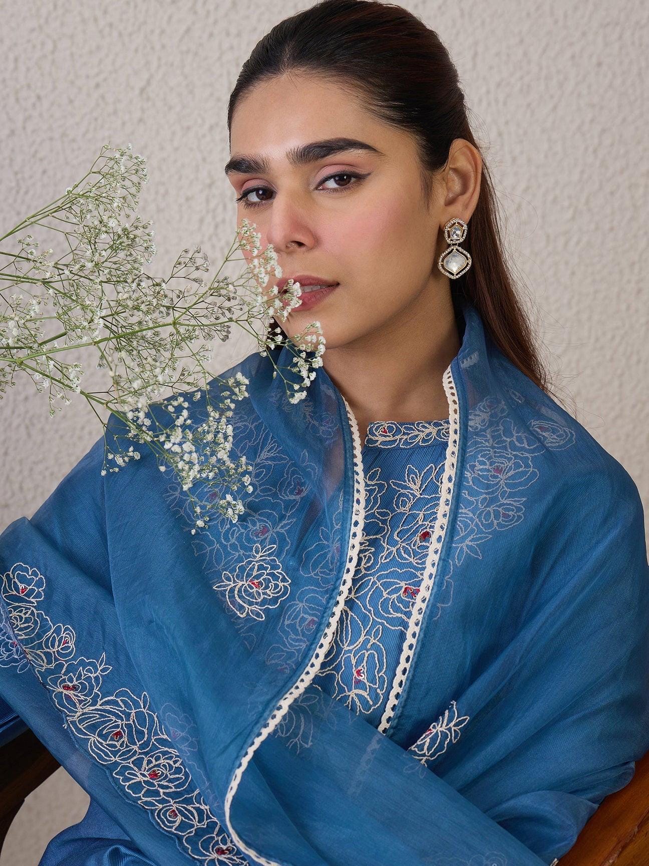 Blue Embroidered Straight Suit Set With Dupatta