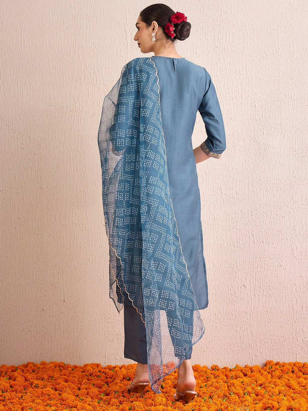 Grey Embroidered Straight Kurta Trousers With Dupatta set