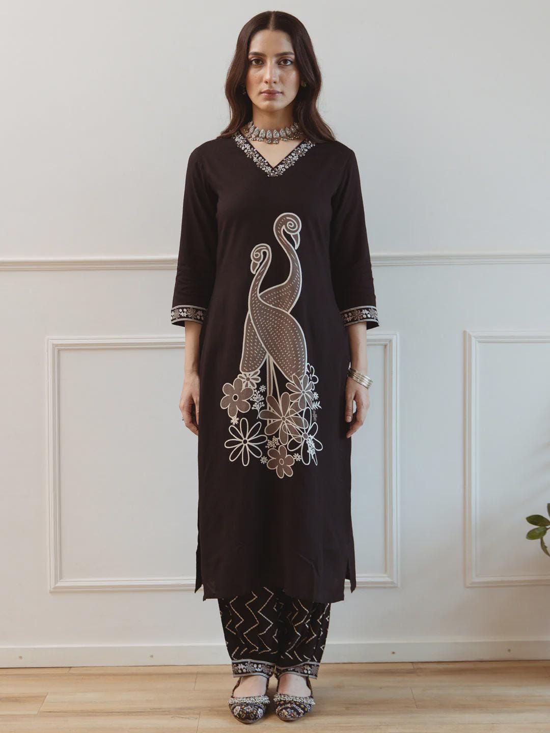 Black Embroidered Straight Kurta Set