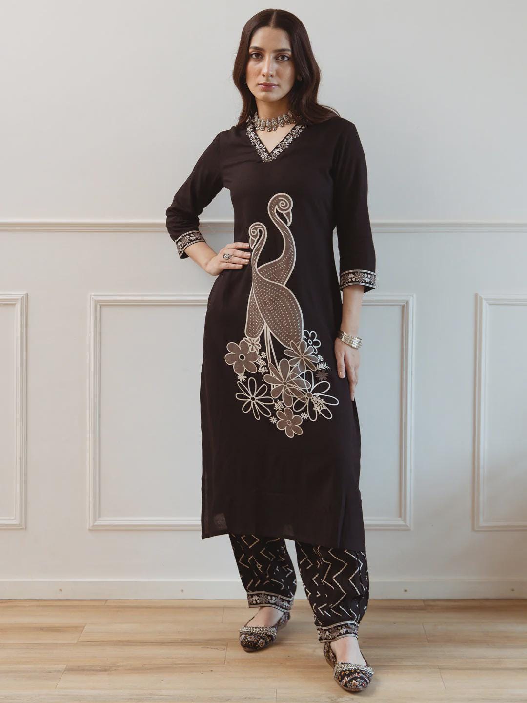 Black Embroidered Straight Kurta Set