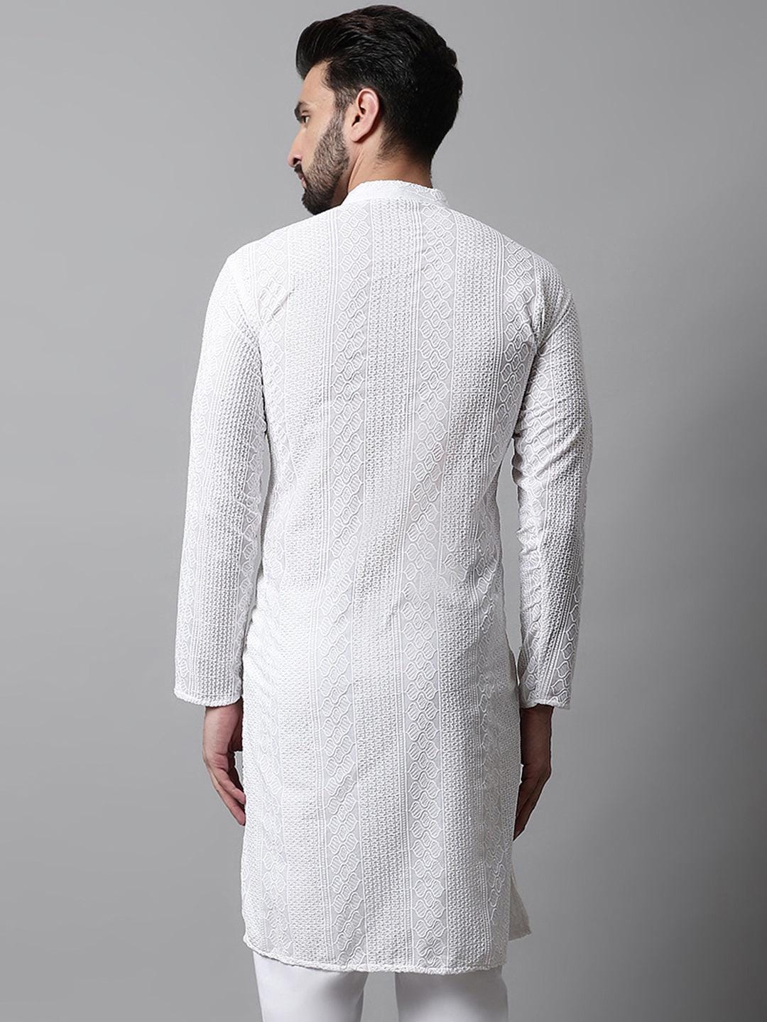 White Textured Weave Kurta Set: Men's Cotton Blend, Wedding Festive Wear