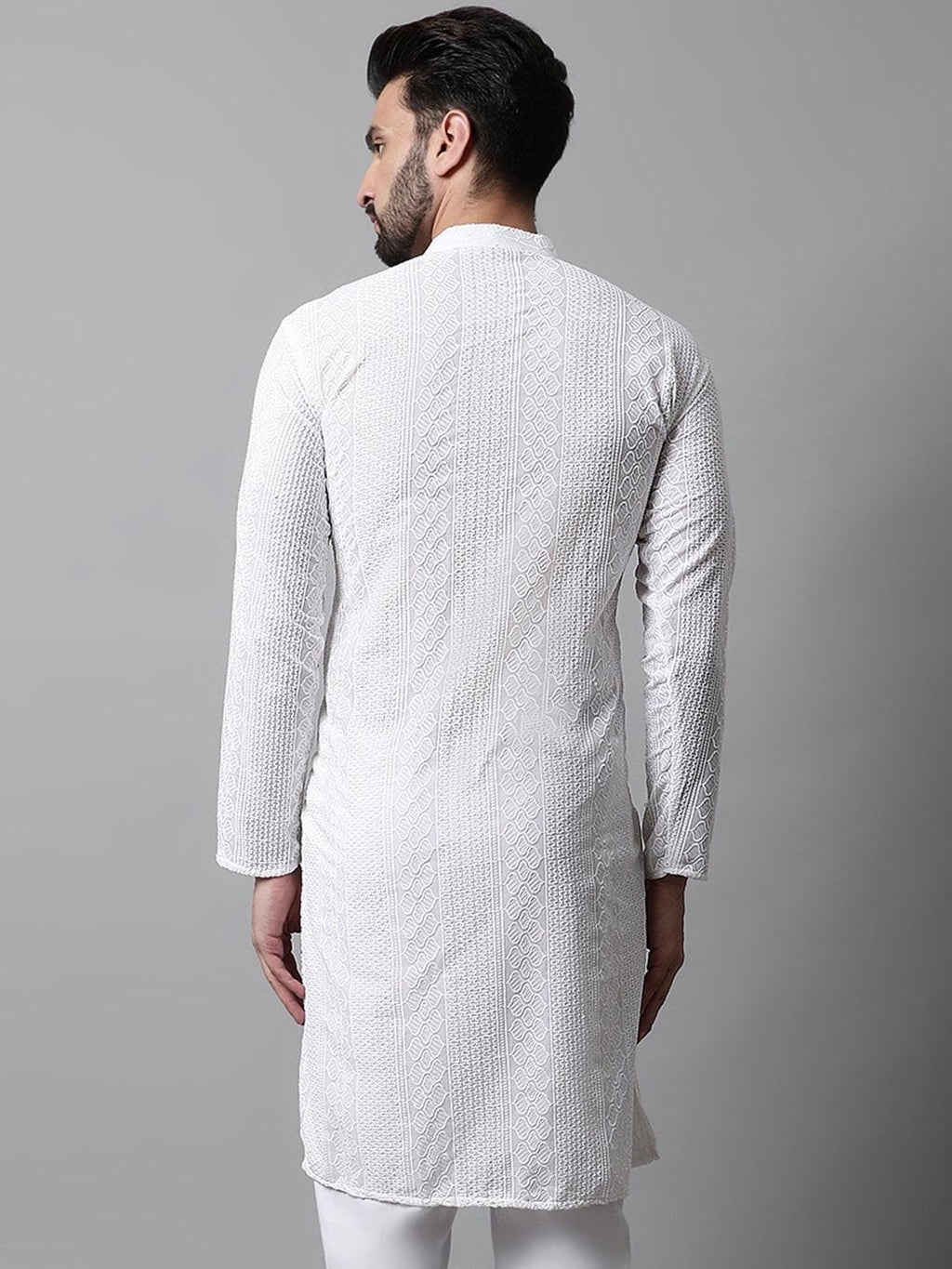 White Textured Weave Kurta Set: Men's Cotton Blend, Wedding Festive Wear
