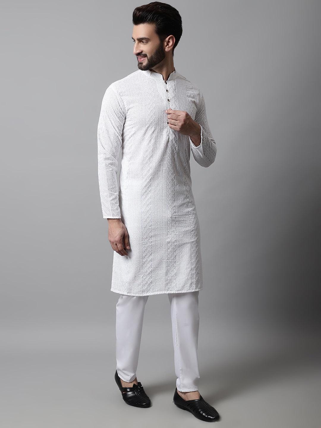 White Textured Weave Kurta Set: Men's Cotton Blend, Wedding Festive Wear