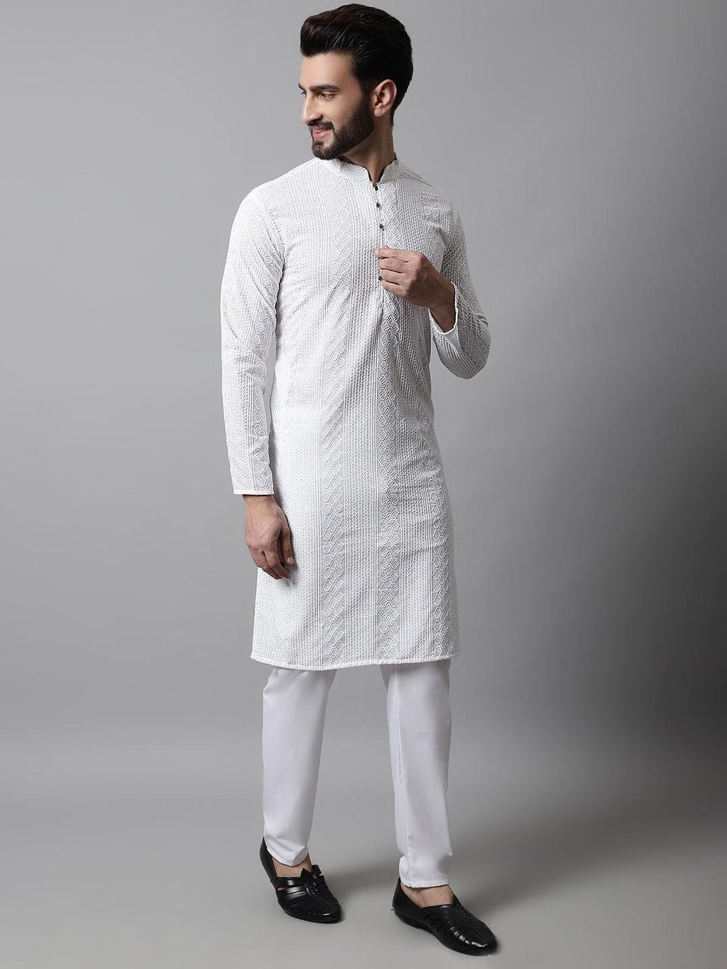 White Textured Weave Kurta Set: Men's Cotton Blend, Wedding Festive Wear