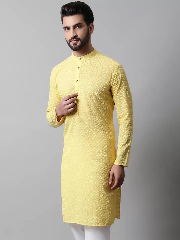Men's Yellow Embroidered Kurta Set: Cotton Blend, White Churidar Bottoms