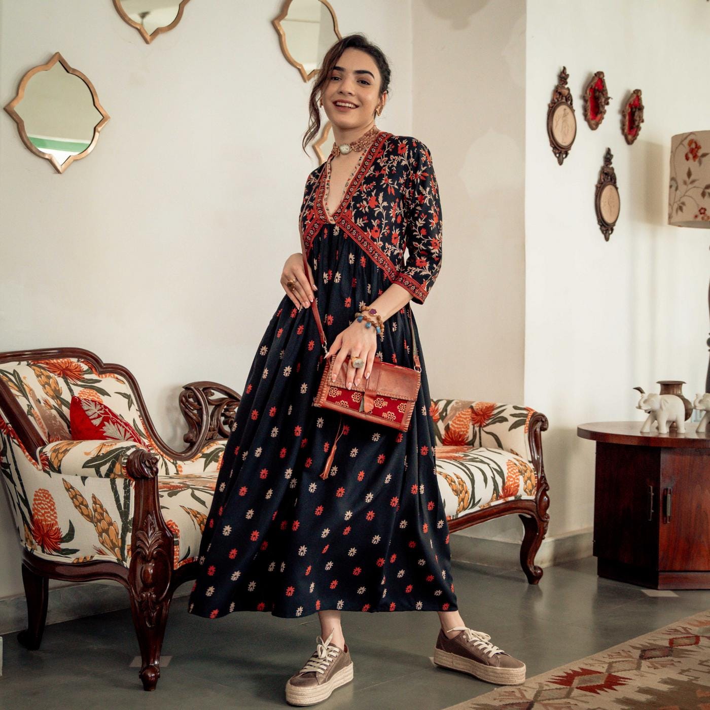 Black Bloom V-Neck Dress