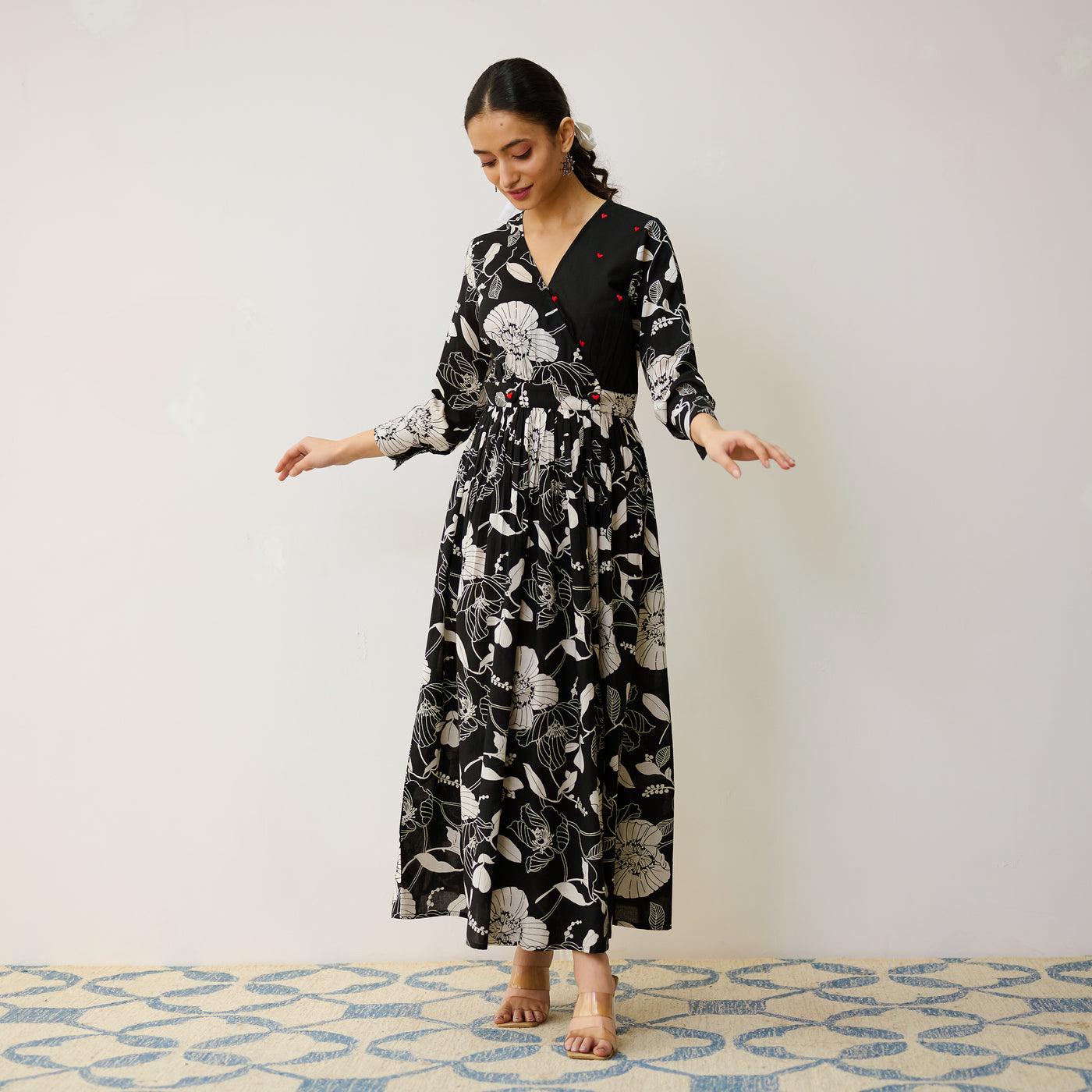 Black Cotton Overlap Dress