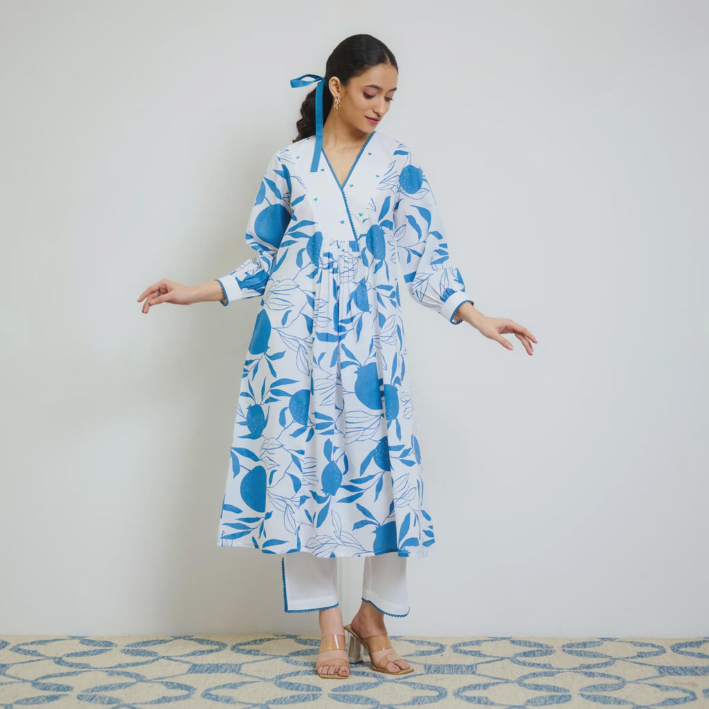 Electric Blue Cotton Kurta Set with Hand Embroidery Detail