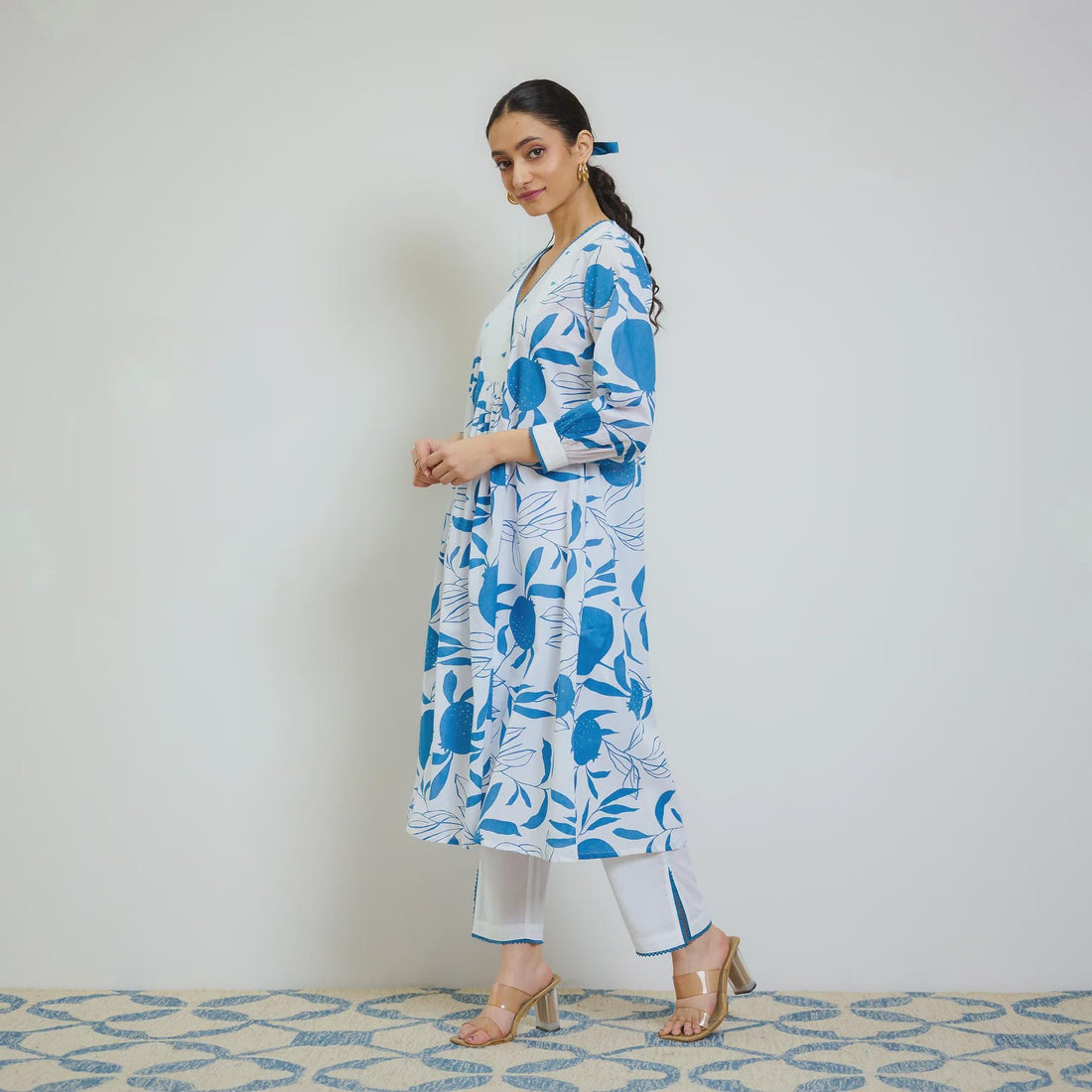 Electric Blue Cotton Kurta Set with Hand Embroidery Detail