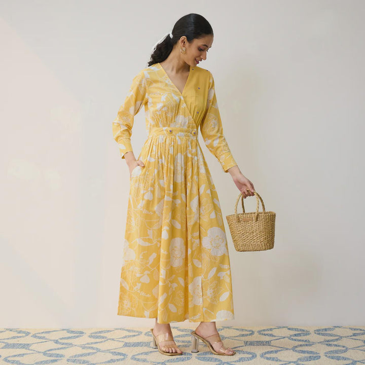 Yellow Cotton Overlap Dress